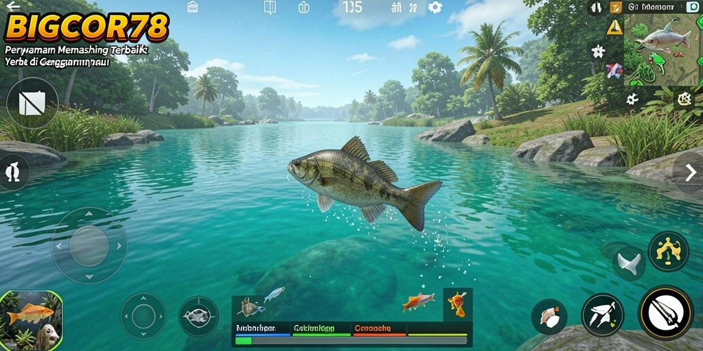 Screenshot gameplay utama BIGCOR78 menunjukkan serunya memancing ikan besar.