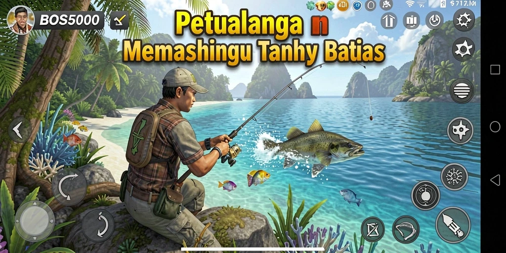 Tampilan gameplay BOS5000 yang menampilkan momen menangkap ikan.