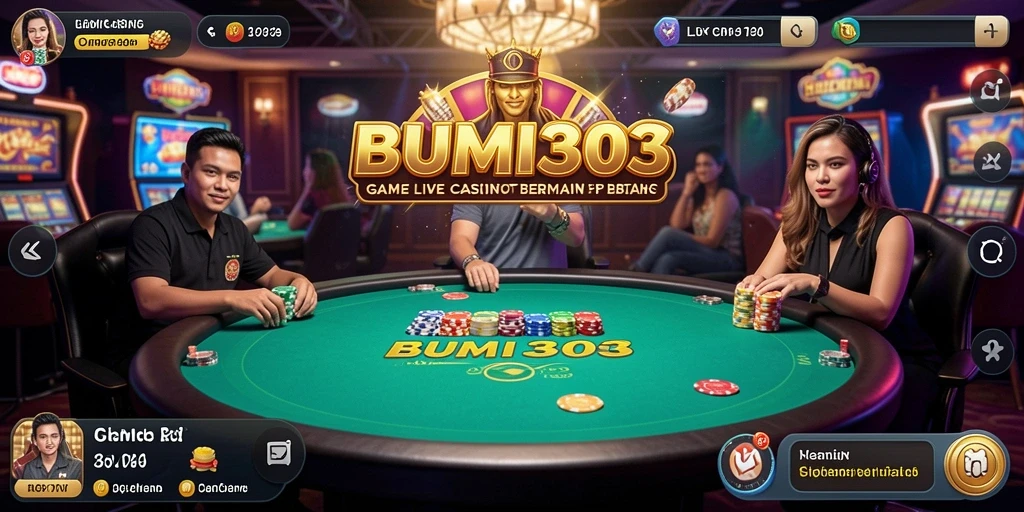Tampilan utama BUMI303 menampilkan dealer dan permainan Live Casino yang menarik.
