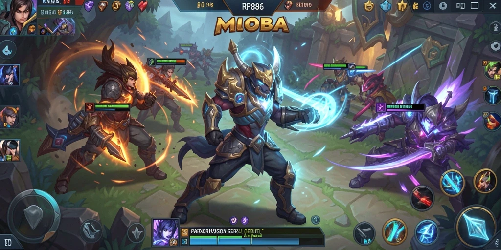 Screenshot gameplay RP886 menunjukkan aksi tim dalam pertempuran MOBA.