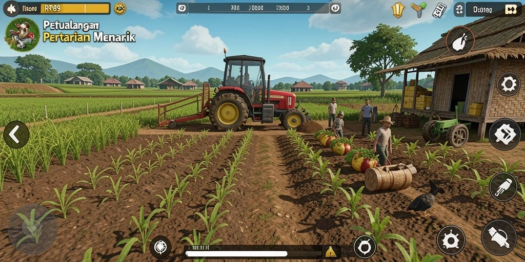 Tampilan gameplay RR89 menampilkan petani yang bekerja di ladang.