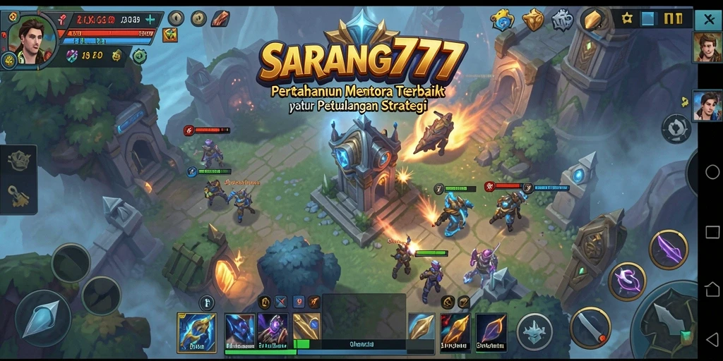 Tampilan screenshot gameplay SARANG777 menunjukkan pertahanan menara yang epik.