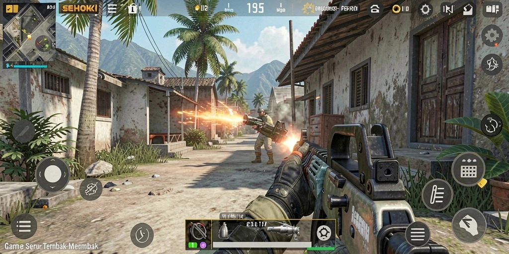 Gameplay seru SEHOKI dengan aksi tembak-menembak intens.