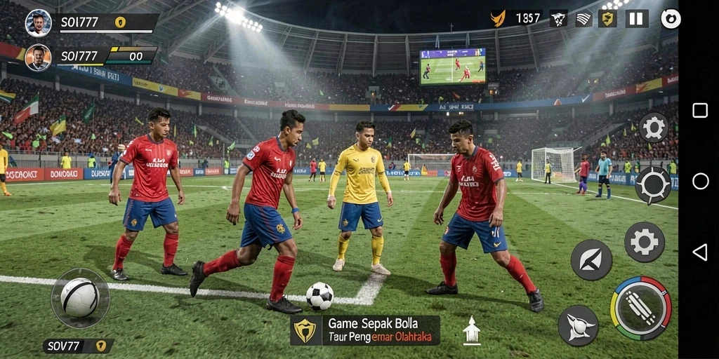 Screenshot gameplay SOV777 yang penuh aksi di lapangan sepak bola.