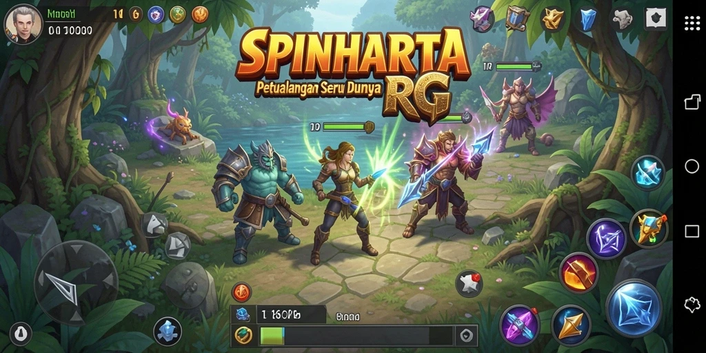 Tampilan gameplay SPINHARTA yang penuh aksi dan petualangan RPG.