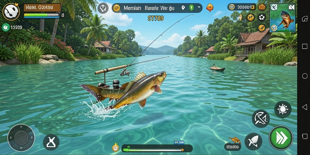 Screenshot game ST789 menampilkan pemain menangkap ikan besar di lautan.