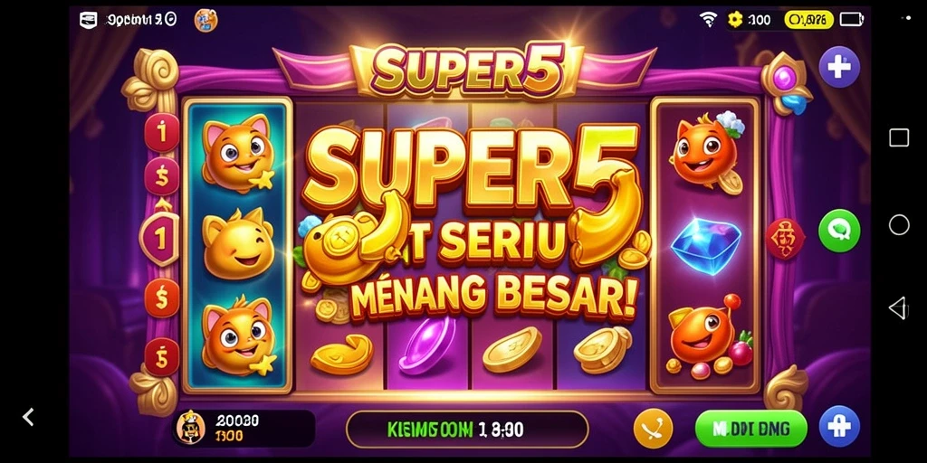 Screenshot gameplay SUPER5 menampilkan gulungan berputar dengan tema slot yang menarik.