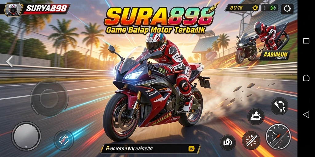 Screenshot gameplay SURYA898 yang menampilkan balapan motor penuh aksi.