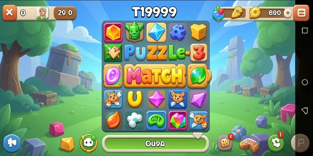 Tampilan gameplay Match-3 T9999 yang penuh warna dan seru.
