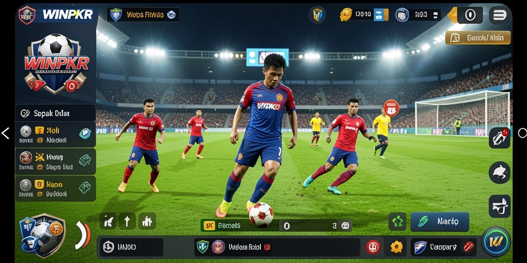 Tangkapan layar gameplay WINPKR dengan aksi sepak bola yang seru.