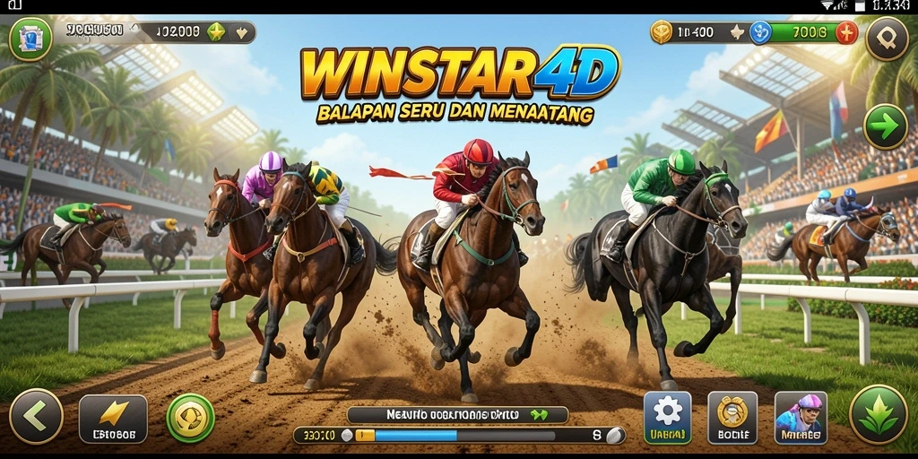 Screenshot utama WINSTAR4D menunjukkan aksi balap yang mendebarkan.